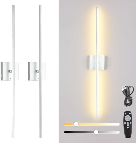 Akku Wandleuchte Innen mit Fernbedienung, 2 Stück, USB aufladbare Wandlampe Touch, 8000mAh Batterie, 3000K-6000K, LED dimmbare Wandleuchte ohne stromanschluss mit Timer, 360° drehbar, Silber, 80CM