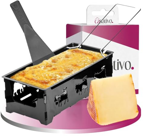Casativo Raclette-Teelicht für 1 Person, Raclette Set ohne Strom inkl. Teelichtern und Schaber, Metall mit originell ausgestanzten Kühen, antihaftbeschichtet