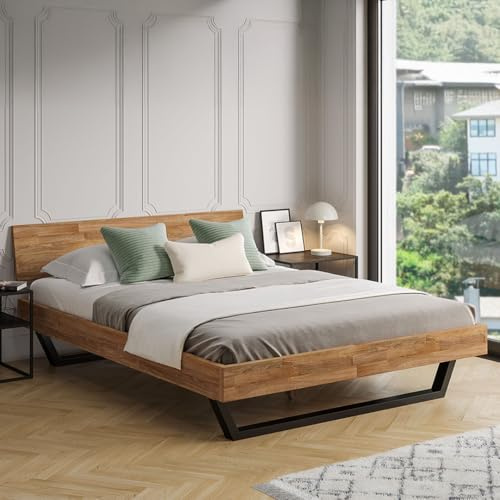 skølm Alver Massivholzbett Eiche 160x200cm, Holzbett mit Bettkopf, in Natur | Bettgestell stabil aus Massivholz, Holzbett mit schwarzen Metallkufen,hochwertiges Bett, Bettrahmen geeignet als Doppelbett