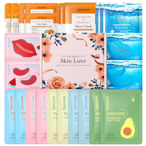 QUIYUM Coffret soin visage – 26 masques pour visage, lèvres et yeux | aux fruits, Curcuma VC et H2O AquaVitalize, format voyage, cadeau pour femmes et filles