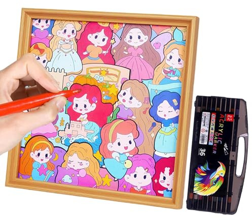 Cadre photo puzzle pour filles avec marqueurs – En carton peint avec dessins animés – Pour garçons et filles, maison, voyage, chambre, salle de classe, anniversaire et Noël