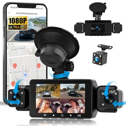 SIXWIN Dashcam 360° 4 Cámaras | 3 Pantalla IPS, Frontal 1080P+3 * 480P, WiFi, Visión Nocturna, G-Sensor, App, Vigilancia 24/7, Grabación en Bucle, Asistente de Estacionamiento