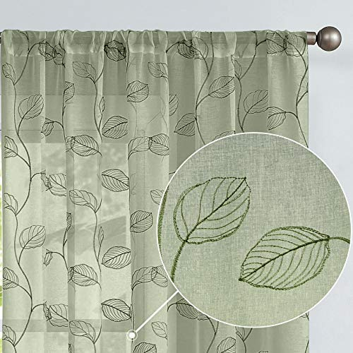 TOPICK Sheer Vorhang Voile Stangedurchzug Blätter Stickerei Gardine lichtdurchlässig Grün Blatt Vorhänge Gaze Paarig für Wohnzimmer Schlafzimmer H225xB140(cm) 2er Set