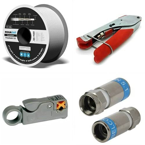 AC-Sat-Corner 100m Megasat Koaxialkabel 135db 5 Fach + Kompressionszange + Abisolierer + F-Kompressionstecker Cabelcon F-56 CX3 5.1 70x Stück