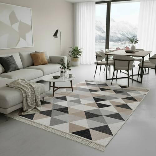 Fashion4Home Teppich Läufer - Tepiche für Wohnzimmer, Schlafzimmer, Küche, Kinderzimmer, Badezimmer - Boho Kelim - Läufer Flur, Karo-Grau, Größe: 140x200 cm