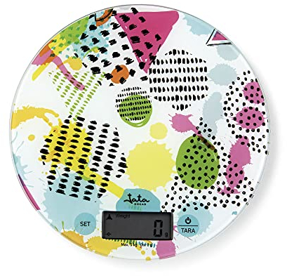 Jata HBA7240 - Báscula de Cocina Digital, Alta resistencia, Alta precisión, Hasta 5 kg, Pantalla LCD, Base Vidrio, Función tara, Incluye Pilas, Medidas: 19 x 19 x 2 cm