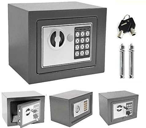 4,6 L Cassaforte a Muro Elettronica, Cassaforte in Metallo con Codice e 2 Chiave, Montaggio a parete o a pavimento, per casa, ufficio, hotel, 23x17x17cm, Grigio