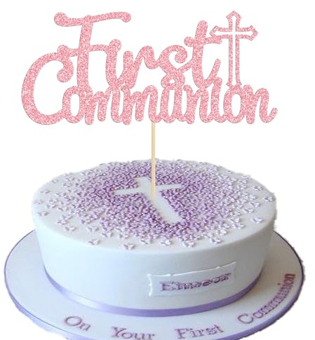 Gyufise 1Pcs Pink Glitter First Communion Cake Topper First Communion Cake Decoration for Kids Babyshower God Bless Wedding Baptism Christening Party Decorations