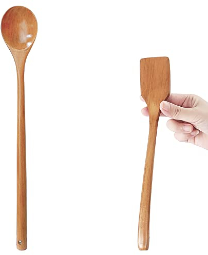 UPTALY 1 tornitore in legno sottile per frittata (27 cm x 4,5 cm), 1 cucchiaio da miscelazione con manico lungo (34 cm x 5 cm), piccola spatola per uova fritte, cucchiaio per mescolare esteso