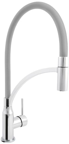 AquaSu® 796057 Lago Plus Robinet de cuisine avec cartouche d'économie d'eau froide, bec flexible et pivotant, fixation de tige, noyau en laiton, gris chromé