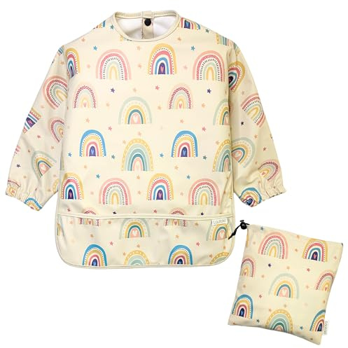Lautoki Baberos Bebe Impermeables + Bolsita de Transporte |Talla12-36M| Babero con Mangas Impermeable | Bolsillo canguro y puños elásticos | Babete Impermeável Bebe |Baberos bebe| Baberos con Mangas