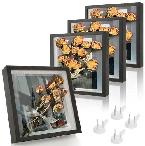 APACALI 4 Pack Shadow Box Frame - 8 x 8 Inch, 20 x 20cm, 3cm Deep, Black