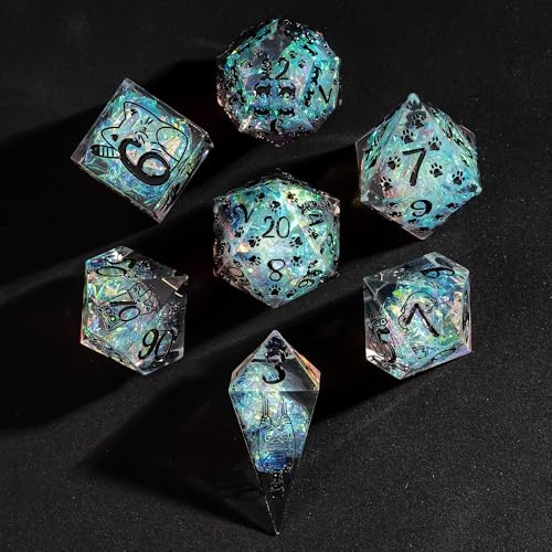 cusdie Sharp edge DND-tärning, 7 st D&D-tärningar, handgjorda polyhedrala tärningar, för rollspel spel banfinnare (transparent med kattmönster)