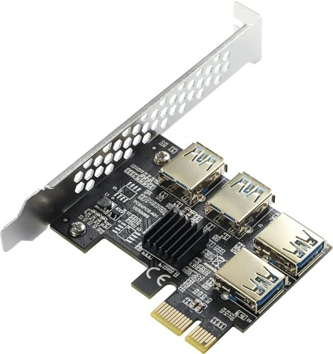 PCIe Riser Card 1 zu 4 Adapter, PCIe x1 zu 4X USB 3.0 Splitter für Bitcoin Mining - Kompatibel mit x4/x8/x16 Slots, Plug & Play, Vergoldete Anschlüsse (Ohne Kabel)