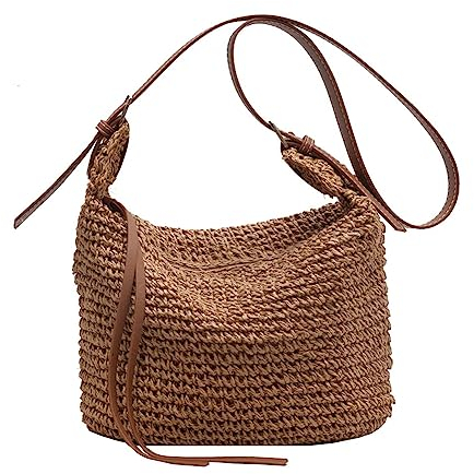 Feaolala Strohtasche Damen Stroh Umhängetasche Basttasche Strohtasche Korbtasche Strandtasche Korbtasche Geflochten Boho Gehäkelte Tasche Straw Bag Schultertasche (Bronze)