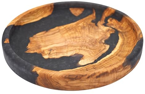 Olivarte Plato ancho de epoxi hecho a mano para servir y ensalada, decorativo, de madera de olivo para ensalada, fruta, carne, ideal para cocina, regalo único de inauguración de la casa, palapala (11