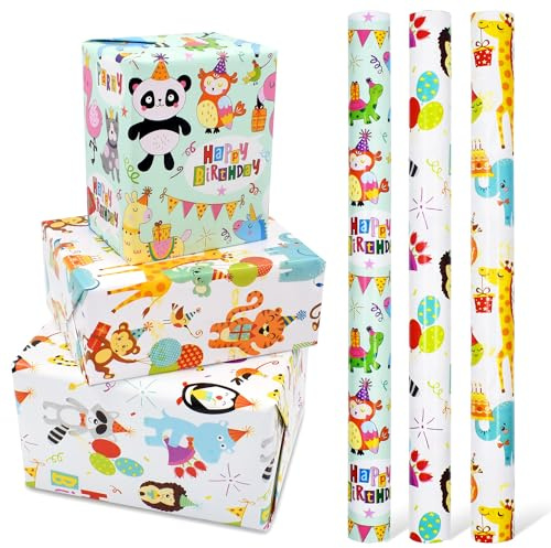 3 rollos de papel de regalo de animales de 17 pulgadas x 10 pies, papel de regalo de feliz cumpleaños reutilizable para niños, niñas y niños.