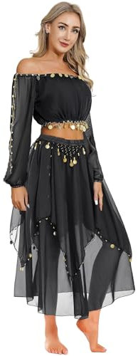 Yruioon Damen Bauchtanz Kostüm Set Langarm Crop Tops mit Chiffon Rock Bauchtanz Kleid Bauchtänzerin Indische Tanzkleidung Schwarz Einheitsgröße