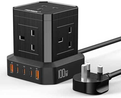 TOPREK 100W PD3.0 Fast Charge Extension Lead with USB Slots, Simultaneous Fast-charging of 10 Devices, USB Extension Cable Multi Plug Socket