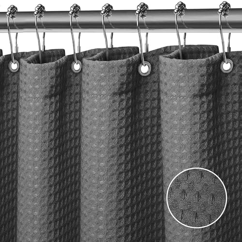 FIISAYL Waffel Duschvorhang Shower Curtains mit Magnet Waschbar Textil Polyester Stoff Bad Vorhang mit 12 Duschvorhangringe Wasserdicht für Dusche und Badewanne 183 x 198 cm(Dunkelgrau)