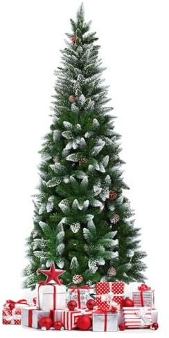 RELAX4LIFE Albero di Natale Innevato 180cm/220cm con 630/720 Rami in PVC, 29/39 Pigne Decorative, Base Pieghevole di Metallo, Design con Cerniera, Decorazione Natalizia (220cm)