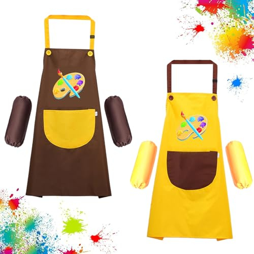 Tcdwla Bata Pintura niños, 2 Set delantal niña, delantal infantil Delantal de cocina ajustable impermeable para niños con 4 mangas para pintar artes y manualidades escolares(7-13años) (Brun/Jaune)