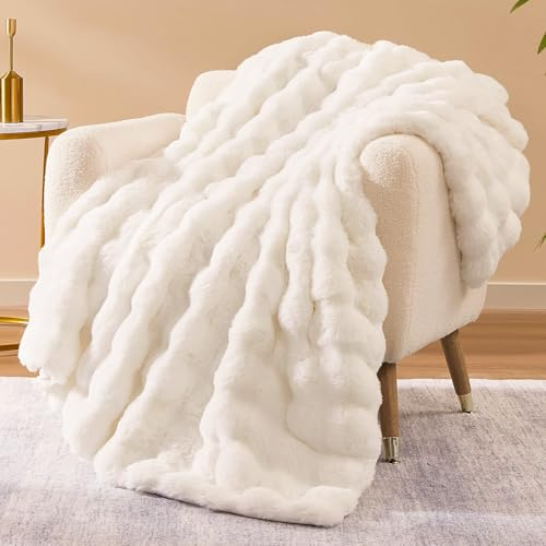 Weaveinbay Kunstpelz-Decke, Flauschige weiche Plüschdecke mit Dicker Bubble-Kaninchenfellstruktur für Bett, Couch, Sofa, Beige, 152 × 203 cm
