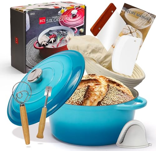 Enameled Cast Iron Dutch Oven with Proofing Basket, Non-Stick Ovenproof Casserole Pot, LIight Blue Dutch Oven for Braising, Stews, Roasting & Bread Baking 5Litres-26cm