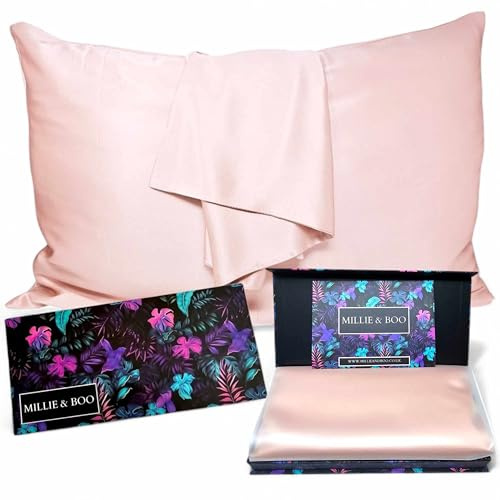 Millie & Boo Satin Pillowcase with Zipper for Hair & Skin, Smooth Pillow Covers, Cooling Satin Pillowcases with Magnetic Gift Box, Queen Size 50x75cm (Pink)