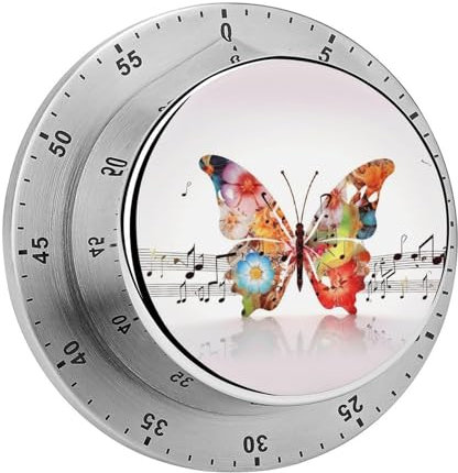 Kitchen Timer,Music Butterfly Print Magnetic Kitchen Timers for Cooking,60 Minute Mechanical Stainless Steel Manual Cooking Timer with Alarm,for Home Cooking Baking Steaming Adults
