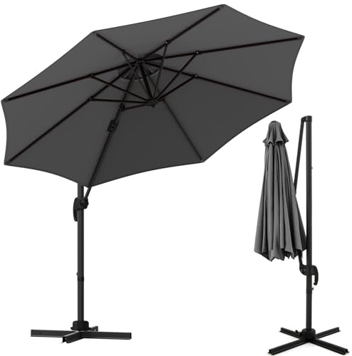 KOMFOTTEU Ombrellone da Giardino 3m a 360° con 5 Angoli di Inclinazione Regolabili, Ombrellone Parasole da Balcone con Base a Croce, 8 Osse e Manovella, per Patio, Spiaggia, Piscina (Grigio)