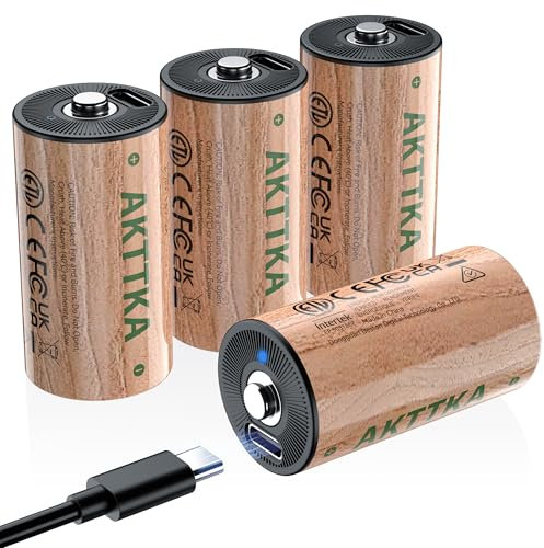 AKTTKA Piles C Lithium Rechargeables 1,5V 7200mWh, 4 Piles C à Haute Capacité avec Câble de Charge Type C, Basses Auto-Décharges, Piles Rechargeables Type C / R14 / LR14