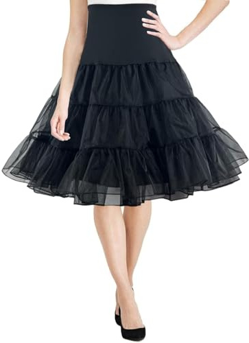 Hykiee 50-tal vintage underkjol under klänning för kvinnor vit svart, A-linje kjol tyll tutu rockabilly crinoline petticoat för halloween kostym karneval kväll cocktail brud födelsedag, svart, L-XL
