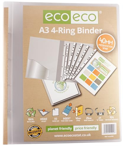 eco-eco Eco202 Classeur de présentation transparent à anneaux Format A3 95% recyclé 4D Tranche 40 mm