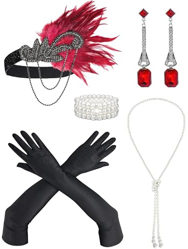 20er Jahre Kostüm Damen Faschingskostüme Karneval 1920er Jahre Damen Flapper Accessoires 5er Set Rotes Roaring 20s Themenset mit Kopfband Perlenketten Ohrringen Accessoires für Harlem Nights Kostüm
