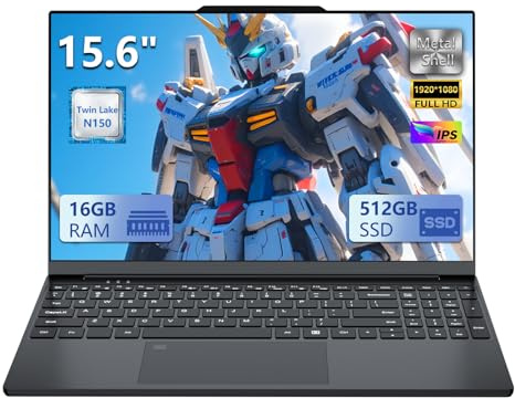 Ordenador Portátil 15.6 pulgadas N150 Procesador, Metal PC Portatil 16GB DDR4 RAM 512GB SSD, Laptop con Pantalla Ultra Estrecha FHD IPS, Teclado Retroiluminado, USB 3.0, Mini HDMI Computadora portátil