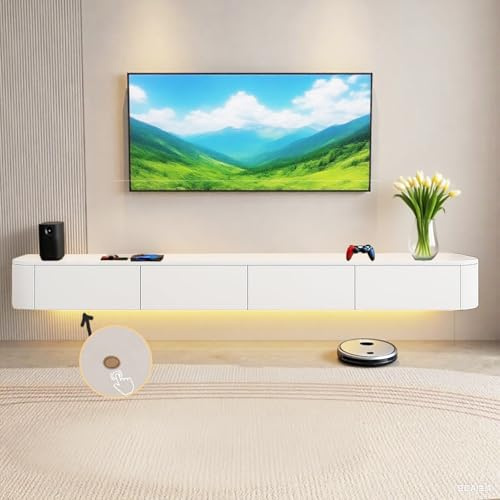 Aipunlus Wandmontierte TV-Schrank, Wand-TV-Schrank, Hängendes TV-Board, Schwimmender TV-Hängeschrank mit Türen in Medien-Wandeinheit, TV-Konsole für Wohnzimmer und Büro (weiß+LED, 200cm)
