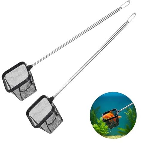 Guduling 2 Stück Kescher Aquarium, Aquarium Kescher Klein, Edelstahl Einziehbarer Langer Griff, Quadratische Mini Keschers für Fischbecken Bachlauf,Fangen von kleinen Fischen und Garnelen(Schwarz)