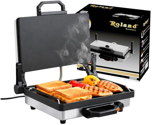 Roland Germany Multigrill, 2000W Elektro-Kontaktgrill, Schwarz, 340x220mm Grillplatten, 5-Stufen Temperaturregelung, für Lahmacun, Fleisch, Toast und Gemüse (1, Teflon)