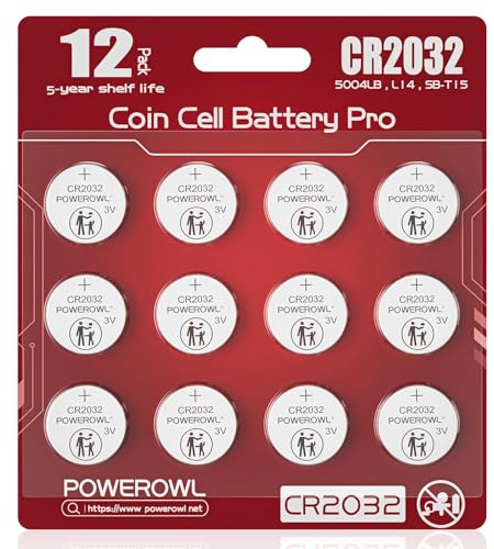 Rouge POWEROWL Lot de 12 Piles CR2032 3V, Piles Boutons Haute Capacité pour Détecteurs de Mouvement, Capteurs d'Ouverture et Alarmes de Maison