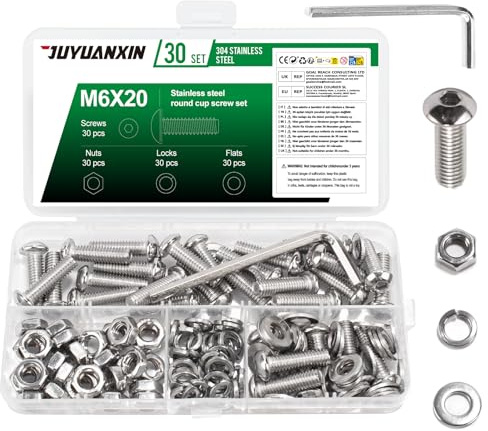 30 Set M6 x 20 mm Schrauben Set, Linsenkopfschrauben Muttern Set, Edelstahl Rundkopf Innensechskantschrauben mit Muttern Sets, Maschinenschrauben Gewindeschrauben Sets und Unterlegscheiben