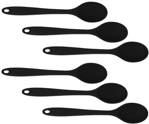 Veemoon Lot de 6 Cuillères Cuisine en Silicone Noir Résistantes à la Chaleur Antiadhésives Cuillères à Soupe de Service Polyvalentes pour Mélanger Servir et Doser Ustensiles Légers