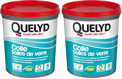 Quelyd Colle Toiles de Verre – Colle Fibres de Verre Prête à l'Emploi – Tous Supports Muraux – Toutes Pièces dont Cuisines et Salles de Bain – Sans Solvant – Pot de 1 kg (5 m²) (Lot de 2)