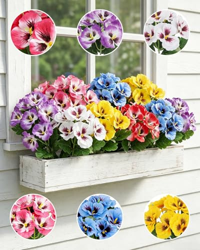 12 Bundles Artificial Flowers Outdoor, 6 Colours UV Resistant Faux Pansy Flowers Plants, Plastic Fake Silk Flowers Shrubs Plants for Garden Hanging Basket Planter Patio Porch Indoor Outdoor Home Decor