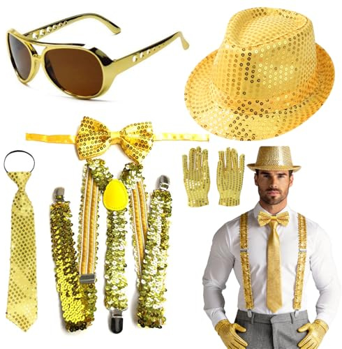 yolzhxe Disco Glitzer Outfit Herren Damen, Glitzer Kostüm Accessoires | mit Jazz Hut, Hosenträger, Krawatten, Handschuhe, Fliege und Brille, für 70er 80er Jahre Outfit Silvester, Karneval Party