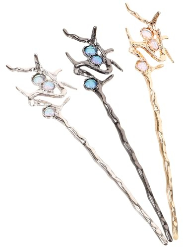 PLAFOPE 3pcs Irregular Crystal Gemstone Hair Sticks Hair Chopsticks for Women Accessories with Gold Silver Antique Silver for Buns and Cosplay