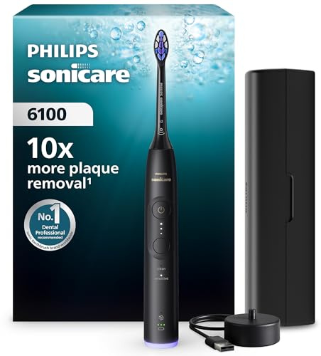 Spazzolino Philips Sonicare serie 6100 - tecnologia Next Generation Sonicare, sensore di pressione, 6 impostazioni, SmarTimer, BrushPacer, autonomia di 21 giorni, custodia da viaggio, nero, HX7401/12
