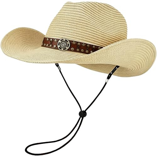HEYANN Stroh-Cowboyhut für Damen und Herren, Sommer Faltbarer Sonnenhut Westernhut Windfestem Kinnriemen Cowgirl-Hut atmungsaktiv UV-Schutz Sonnenhut für Strand, Garten und Outdoor