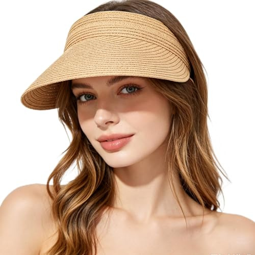QhgPnt Straw Sun Visors for Women, Summer Hat Visor with Adjustable Fit, Wide Brim Sun Protection for Outdoor Activities and Travel, Foldable Design Khaki