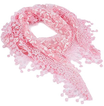 FSSTUD Elegant Women Ladies Soft Lace Hollow Tassel Scarves Triangle Long Wrap Shawl Scarf Light Pink